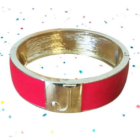 Red Enamel Clamp Bangle Bracelet with Gold Tone Metal, Letter J Initial - Picture 2 of 3